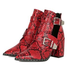 Qupid Women Side Cutout Buckled Strap Studded Pointy Toe Booties
